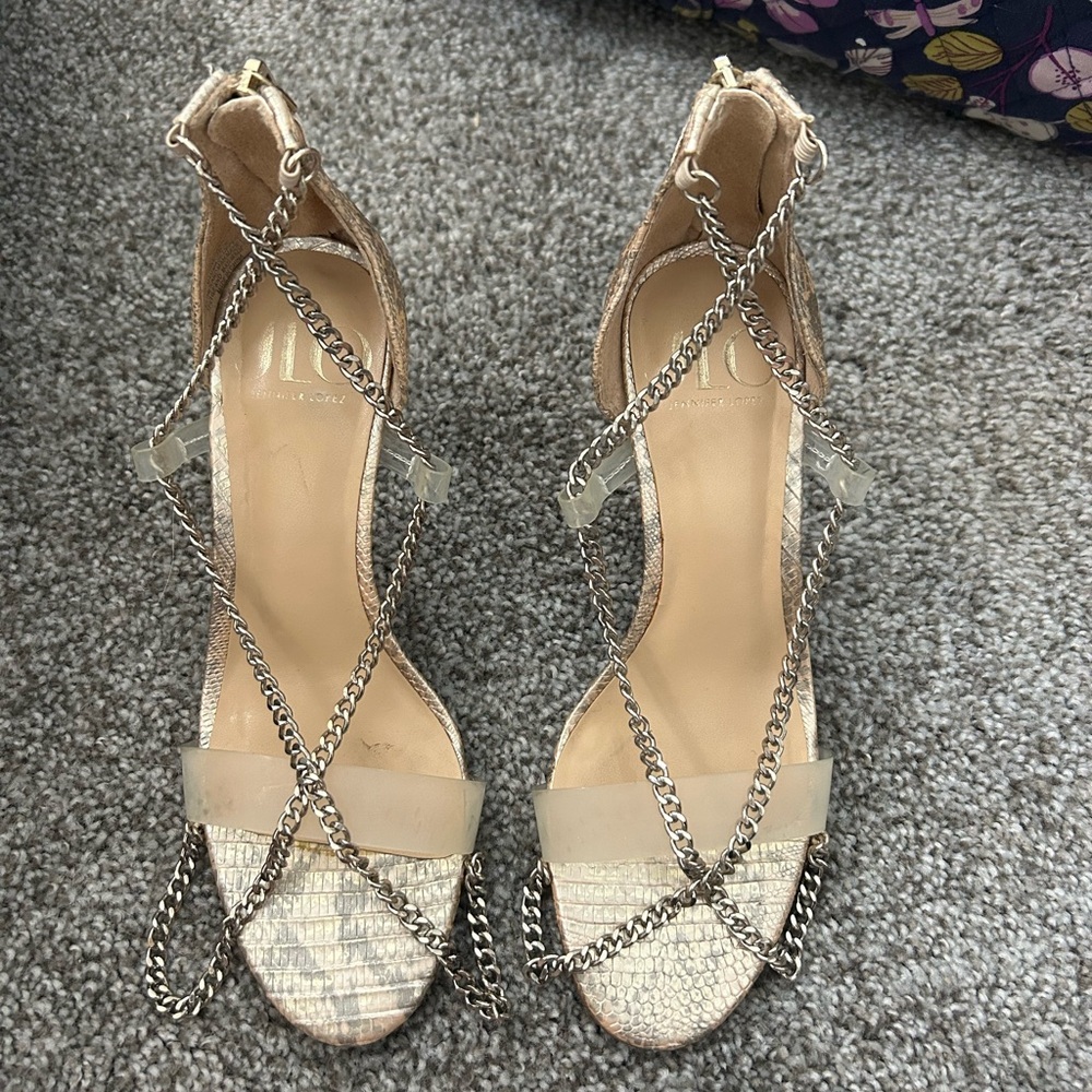 Jennifer Lopez Silver and Cream Chain Heels